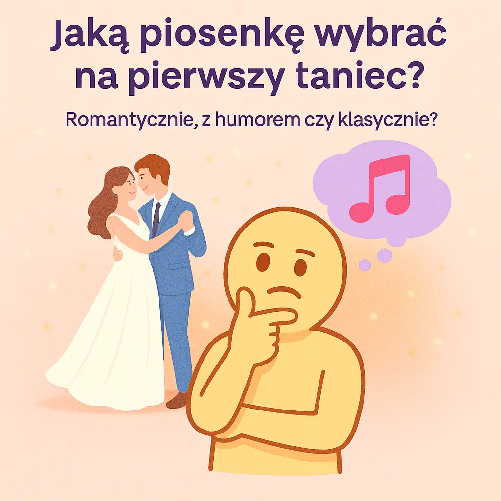 Pytający ludzik / osoba zastanawia się, jaką piosenkę wybrać na pierwszy taniec – w tle romantyczna para młoda tańczy swój pierwszy taniec
