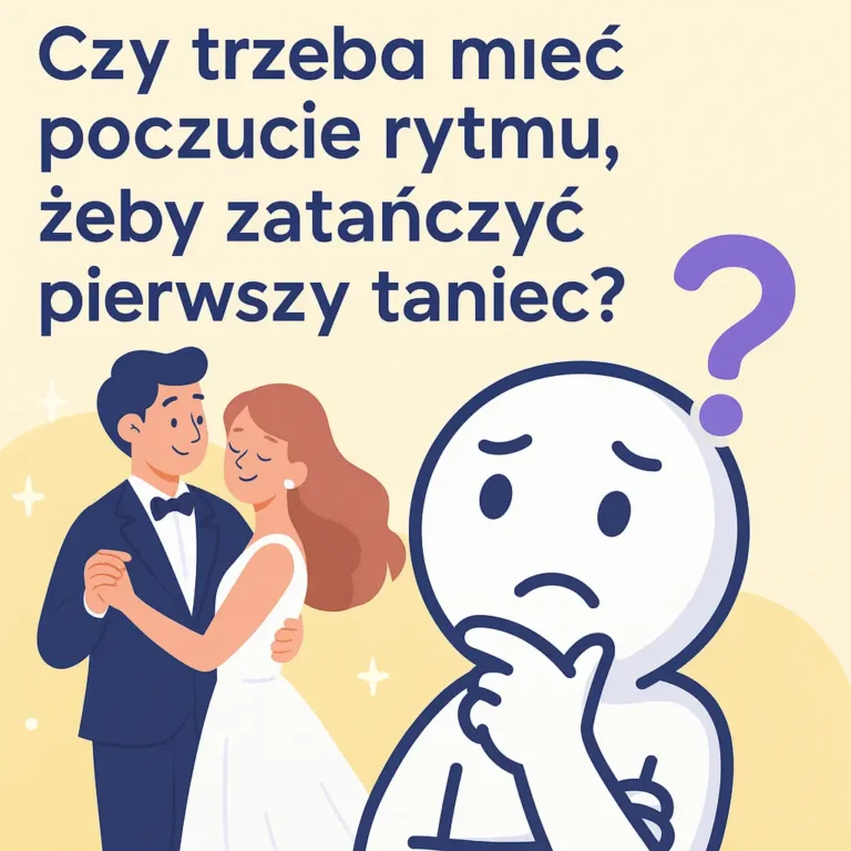 Ilustracja: para młoda tańcząca pierwszy taniec i zastanawiający się ludzik z pytajnikiem – pytanie o rytm piosenki